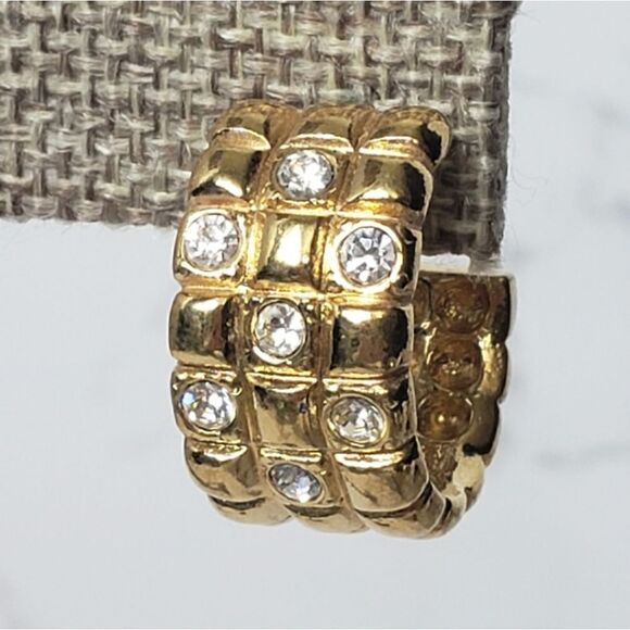 AVON Goldtone & Crystal Checkerboard Huggie Hoop Earrings - Picture 2 of 8